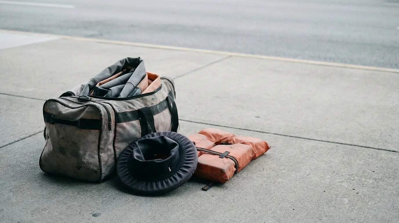 Duffle bag, hat, and life jacket placed on urban sidewalk pavement