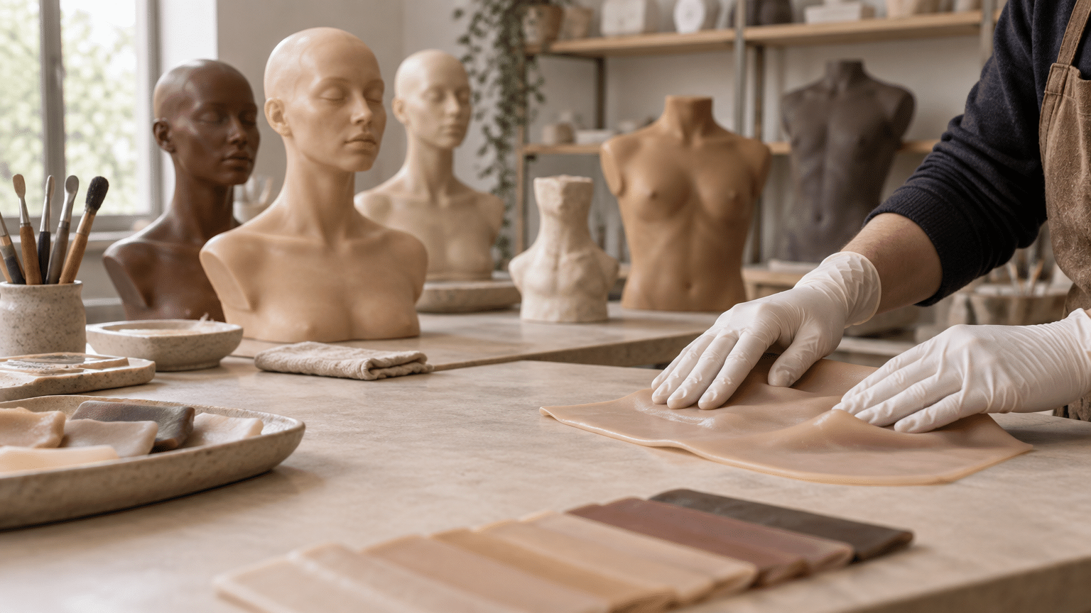 Artist shaping silicone skin tones at a workshop table with bust sculptures and brushes nearby