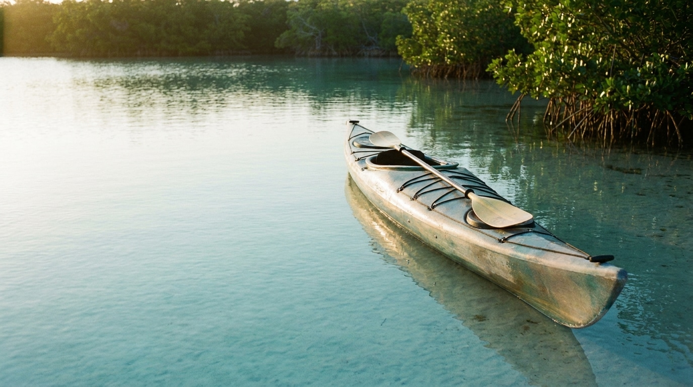 Kayak floating on clear, calm water beside lush mangrove trees in soft natural light