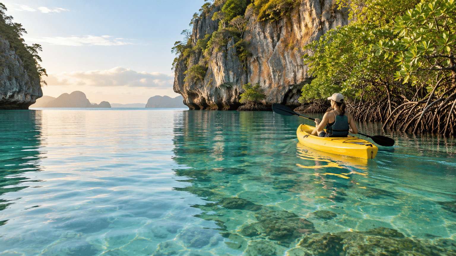 Person kayaking in clear turquoise water near rocky cliffs and mangrove trees at sunset