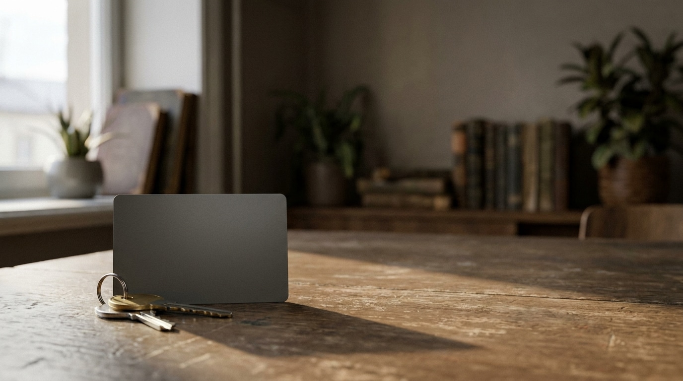 Keys and blank card on rustic wooden table in cozy home office setting
