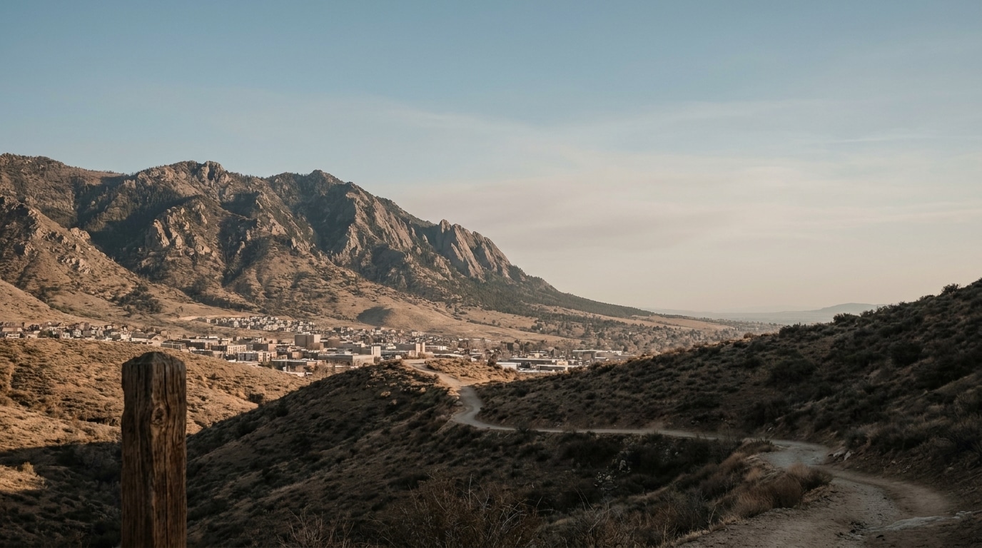 Mountain landscape with winding dirt path, overlooking a small town under a clear sky