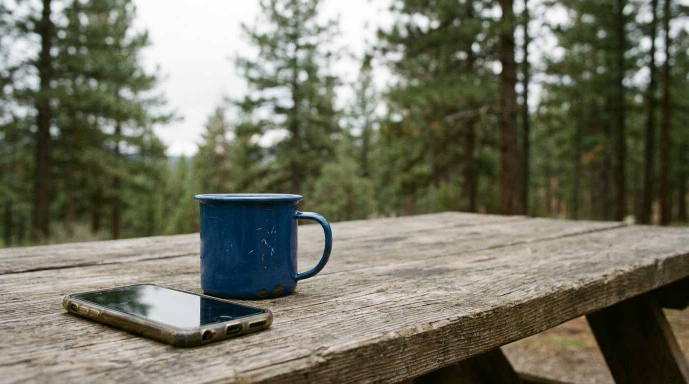Blue enamel cup and smartphone on rustic wooden picnic table in forest setting