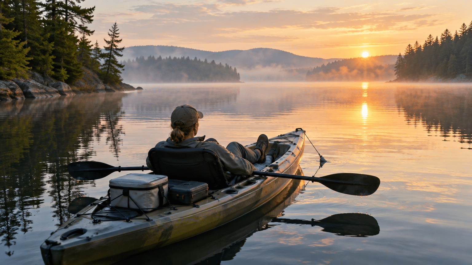 Person kayaking on calm lake during sunrise with misty forest in background