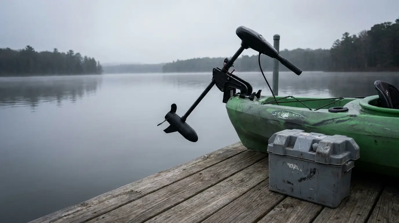 Green kayak with motor and tackle box on wooden dock by calm lake in foggy weather