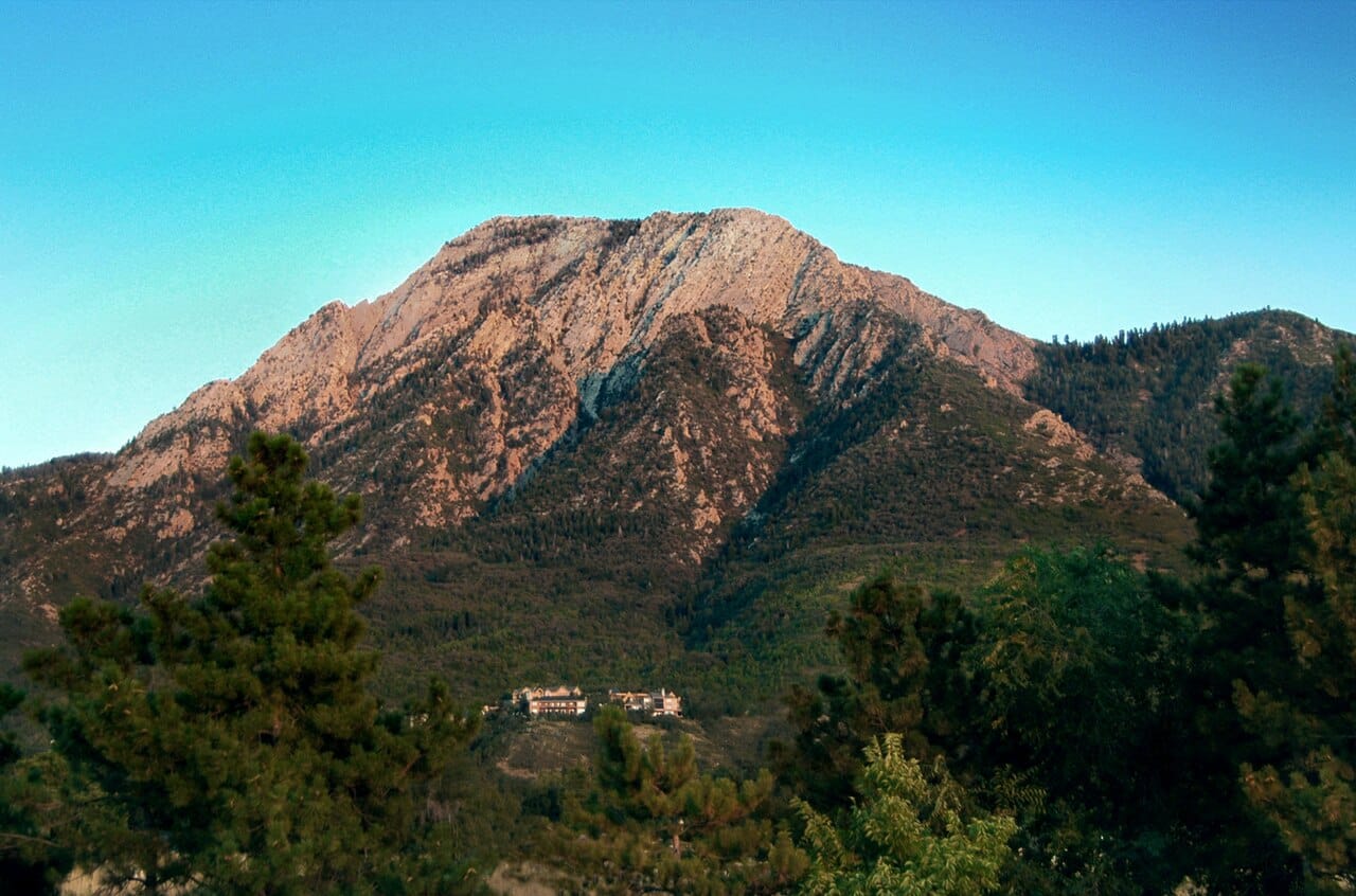 Mountain landscape with pine trees in foreground under a clear blue sky